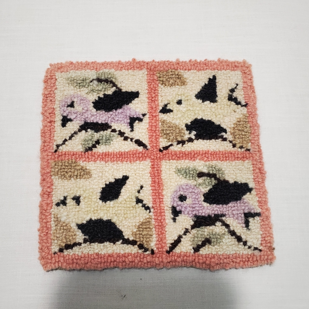 Vintage Birds in Window Handmade  Punch Needle Work Hot Pad 6" x Cottagecore